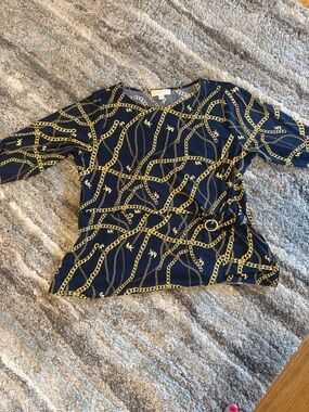 Michael Kors Navy Blouse with Gold Chain Print and Side Ring Accent